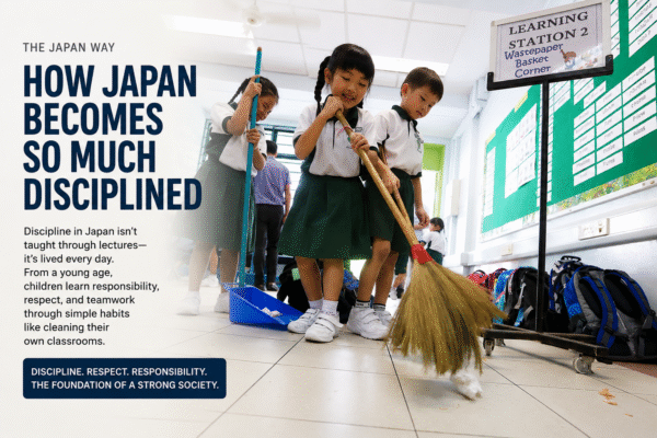 Japanese school children cleaning their classroom together with brooms and dustpans, demonstrating discipline, teamwork, responsibility, and respect through daily habits in Japan’s education system.