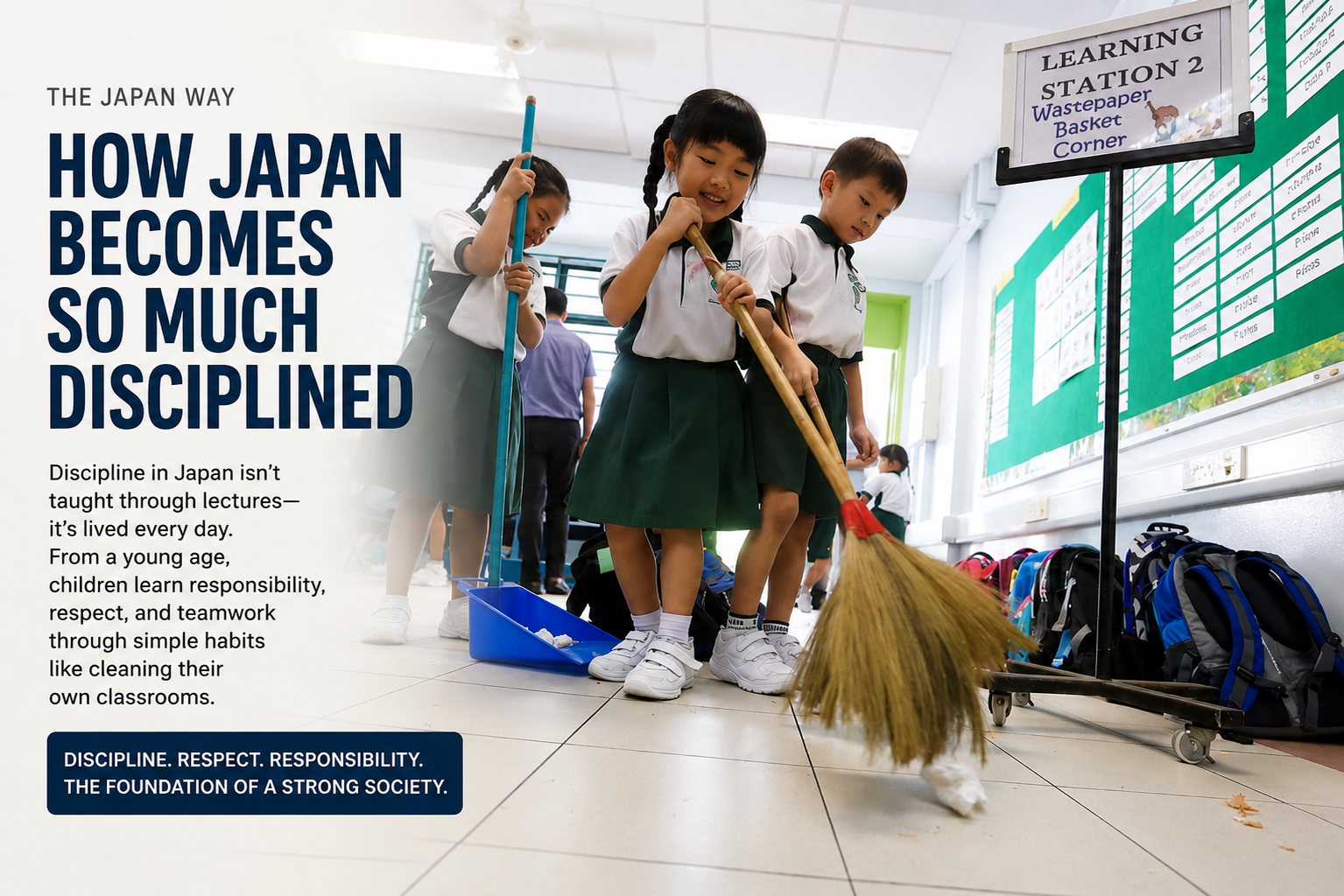 Japanese school children cleaning their classroom together with brooms and dustpans, demonstrating discipline, teamwork, responsibility, and respect through daily habits in Japan’s education system.