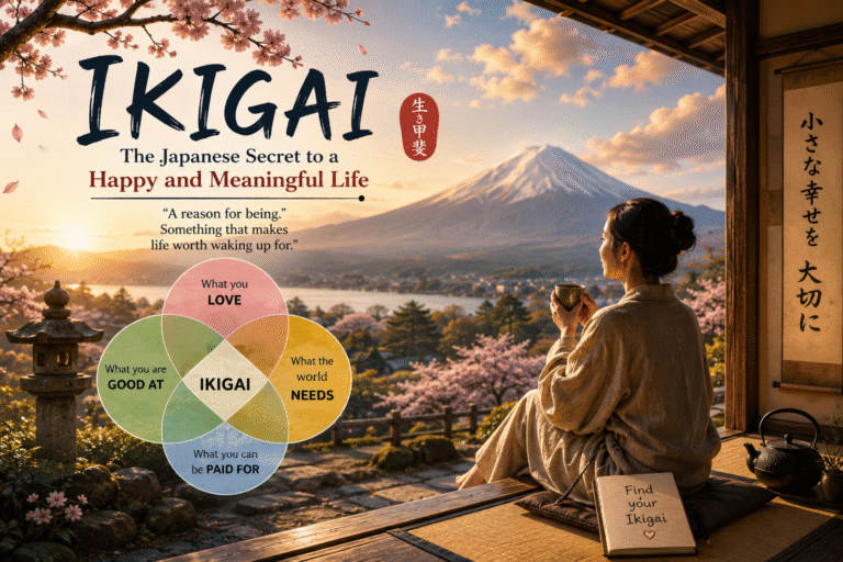 A peaceful Japanese-inspired Ikigai illustration featuring Mount Fuji, cherry blossoms, a woman drinking tea in a traditional Japanese house, and the Ikigai purpose diagram symbolizing happiness, balance, and meaningful living.