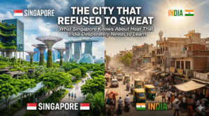 Banner showing green, modern Singapore on one side and a hot, heatwave-hit Indian city on the other, with the headline about what India can learn from Singapore about urban heat management.