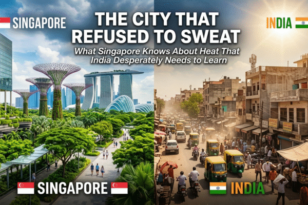 Banner showing green, modern Singapore on one side and a hot, heatwave-hit Indian city on the other, with the headline about what India can learn from Singapore about urban heat management.