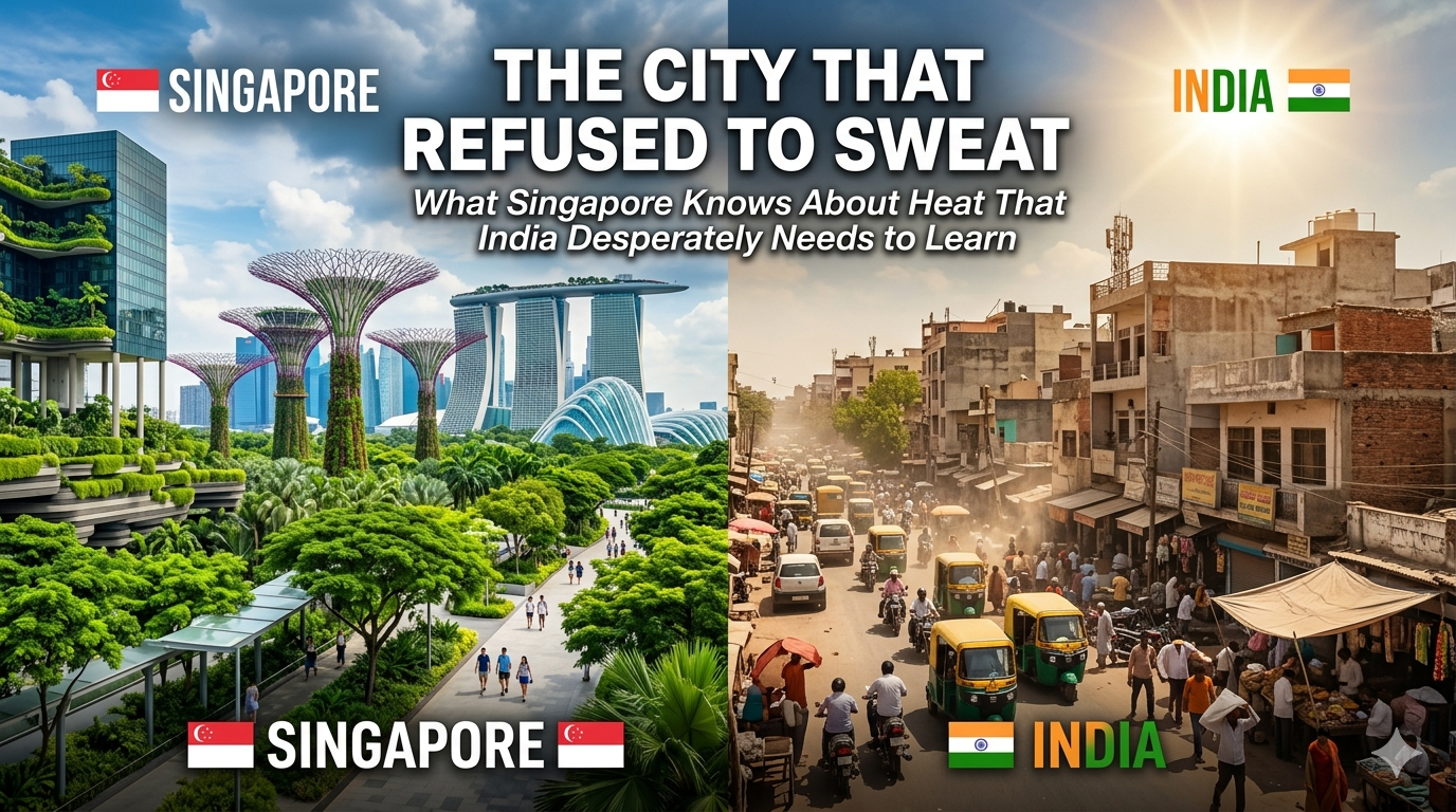 Banner showing green, modern Singapore on one side and a hot, heatwave-hit Indian city on the other, with the headline about what India can learn from Singapore about urban heat management.